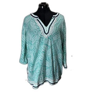 Talbots Woman Green Paisley Tunic Top Navy Trim